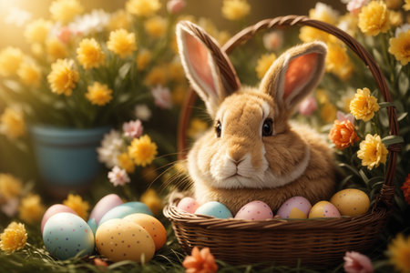 easter eggs and cute bunny in a basket with flowers. ai generative.の素材