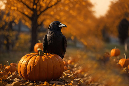 Halloween pumpkin and a black crow. ai generative.の素材