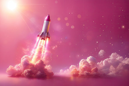 rocket take off on pink background. ai generative.の素材