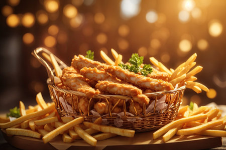 Delicious Basket of Chicken Strips and French Fries. ai generative.の素材
