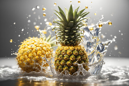 Falling pineapple fruit meets water in a splash. ai generative.の素材