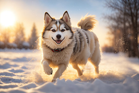 Happy husky dog run playing in a snow at winter forest. ai generative.の素材