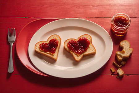 top view Delicious Plate of Toast with Jam heart. ai generative.の素材