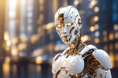 white modern AI robot in glow lines connection. ai generative.の素材