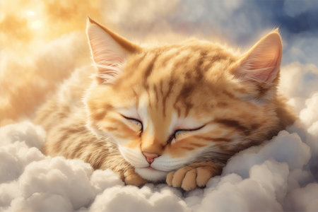 cute kitten sleeping on a cloud watercolor drawing. ai generative.の素材
