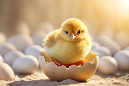 a white egg with a whole which a cute little chicken. ai generative.の素材