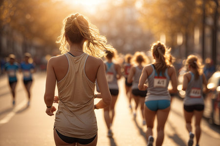 back view women running marathon. ai generative.の素材