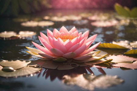 a pink water lily floating in the water. ai generative.の素材