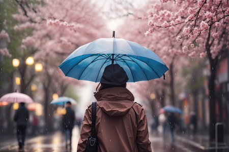 back view people with an umbrella in raining spring. ai generative.の素材