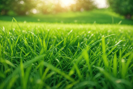 Green lawn with fresh grass outdoors Nature spring background. ai generative.の素材