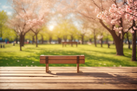 empty wooden desk in the spring park. ai generative.の素材