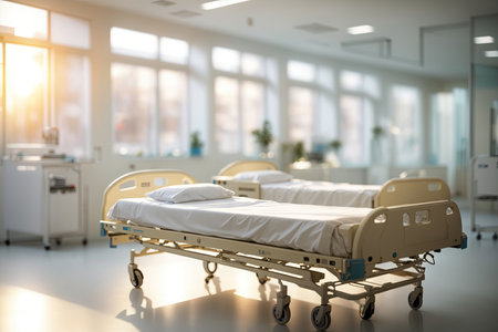 Empty hospital bed in modern hospital room. ai generative.の素材