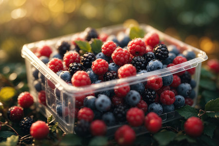 Fresh frozen forest berries closeup in plastic container. ai generative.の素材