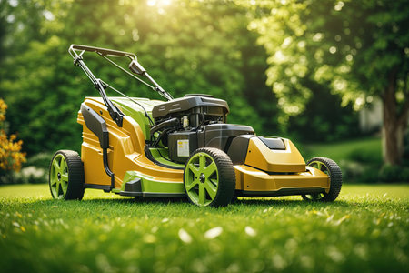 lawn mower on Green lawn with fresh grass outdoor. ai generative.の素材