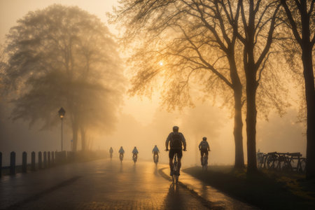 silhouette of a cyclist in the foggy landscape. ai generative.の素材
