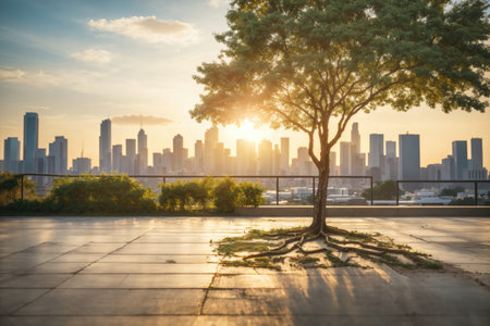 Concrete floor with tree and city skyline background. ai generative.の素材
