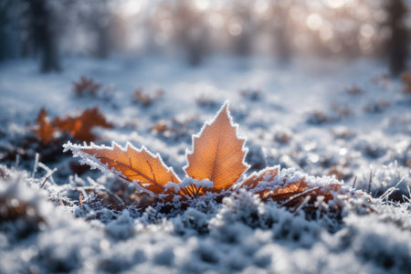 Beautiful winter background with a leaf covered with snow. ai generative.