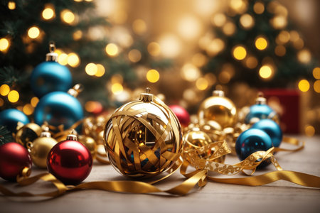 Original composition of a ribbon and Christmas balls. ai generative.の素材