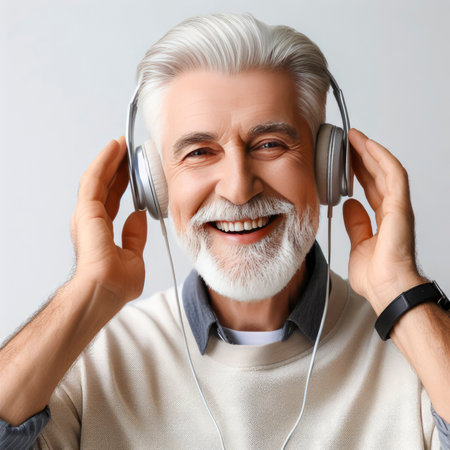 elderly man with headphones on white background. ai generative.の素材