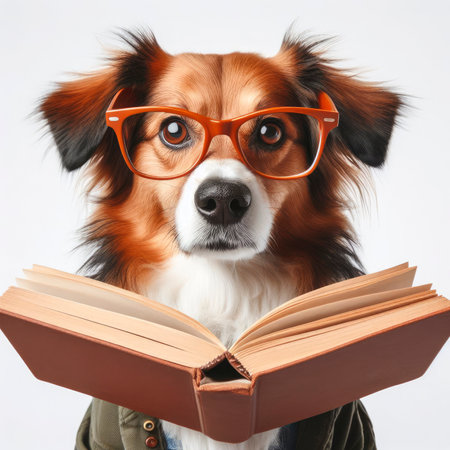 dog with glasses reading a book on white background. ai generative.の素材