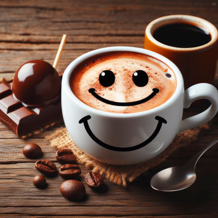 cup of coffee, grains and chocolate on a wooden table. ai generative.の素材