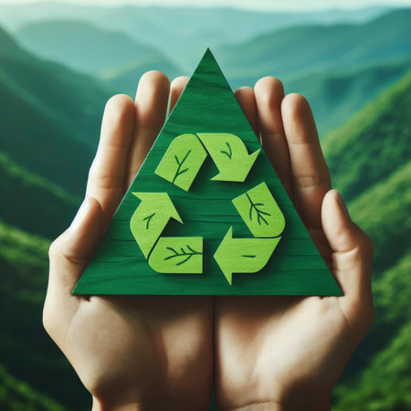 green recycling icon in the hands. ai generative.の素材