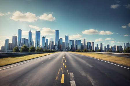 empty asphalt road with city skyline. ai generative.の素材