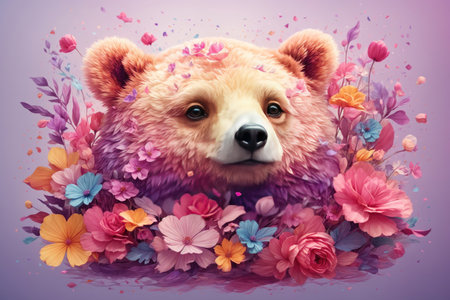 A detailed illustration of a print of a colorful baby bear with flowers. ai generative.の素材