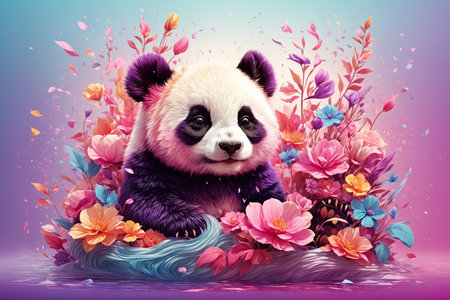 A detailed illustration of a print of a colorful baby panda with flowers. ai generative.の素材