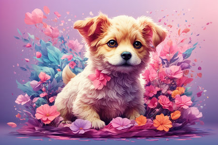 A detailed illustration of a print of a colorful baby dog with flowers. ai generative.の素材