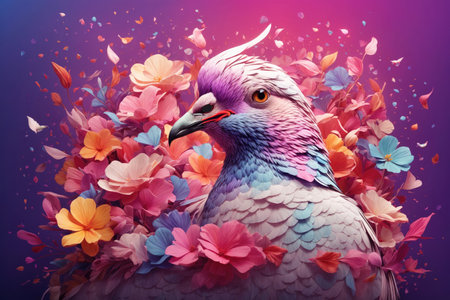 A detailed illustration of a print of a colorful dove with flowers. ai generative.の素材