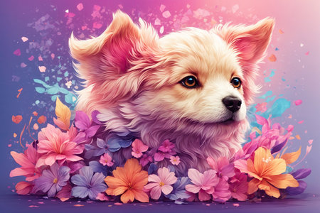 A detailed illustration of a print of a colorful baby dog with flowers. ai generative.の素材
