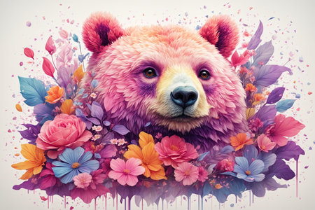A detailed illustration of a print of a colorful baby bear with flowers. ai generative.の素材