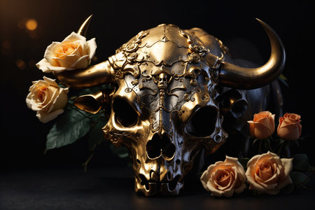 Skull of a bull and a rose on black background. ai generative.の素材