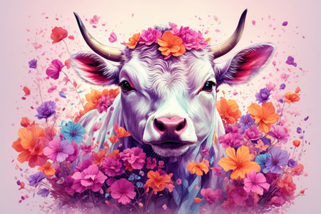A detailed illustration of a print of a colorful bull in flowers. ai generative.の素材