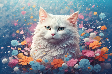 A detailed illustration of a print of a colorful white cat in flowers. ai generative.の素材