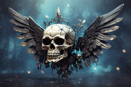 Gothic skull with wings and grunge background. ai generative.の素材