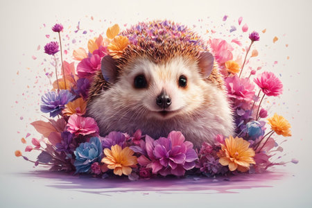 A detailed illustration of a print of a colorful hedgehog in flowers. ai generative.の素材