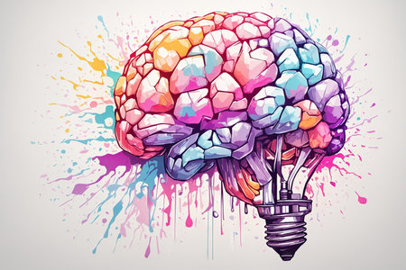 A detailed illustration of a print of a colorful brain with lightbulb. ai generative.の素材
