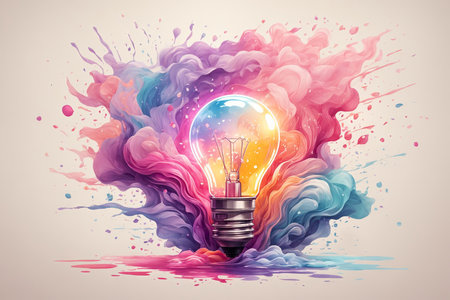 A detailed illustration of a print of a colorful lightbulb. ai generative.の素材