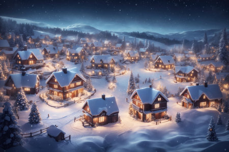 Generate a snowy Christmas background seen from village. ai generative.の素材