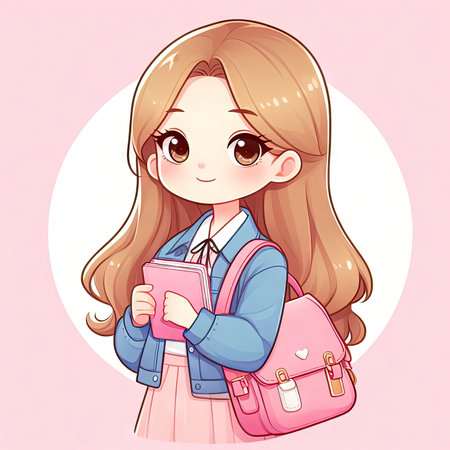 schoolgirl with book and bag anime style. ai generative.の素材