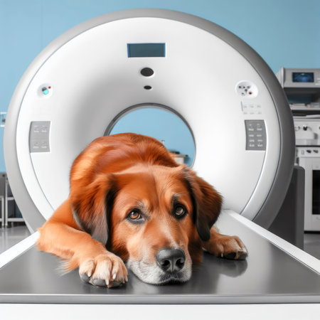 veterinary care concept. dog on an MRI machine. ai generative.の素材