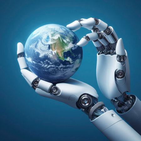 planet in the hands of a robot. ai generative.の素材