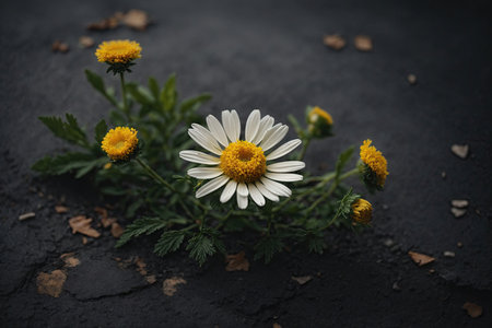 chamomile flower growing from cracked asphalt. ai generative.の素材