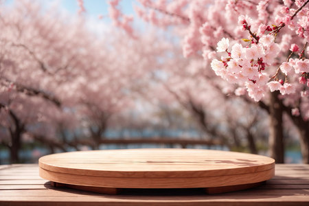 An empty wooden spring podium product demonstration. ai generative.の素材