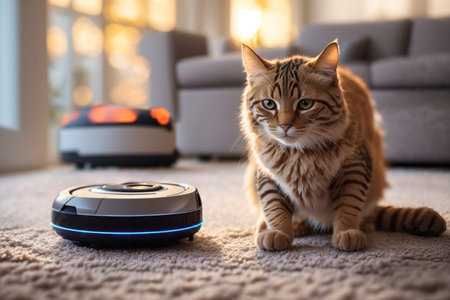 cat sit on robot vacuum cleaner working. ai generative.の素材