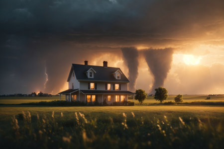 A house in a field with a tornado. ai generative.の素材