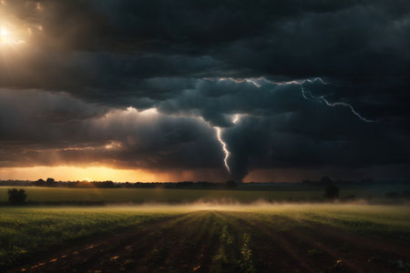 a field with a tornado, realistic dark background. ai generative.の素材