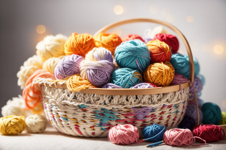 Colorful knitting yarn in a basket on white background. ai generative.の素材